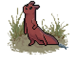 Pixel art of a thin slugcat with dull red fur. It has a darker stripe down its back.